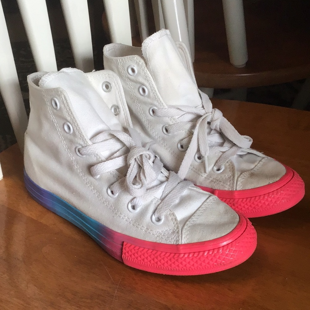 White & Two-Tone Neon Pink &
Turquoise Converse Hi Top Sneakers size 2